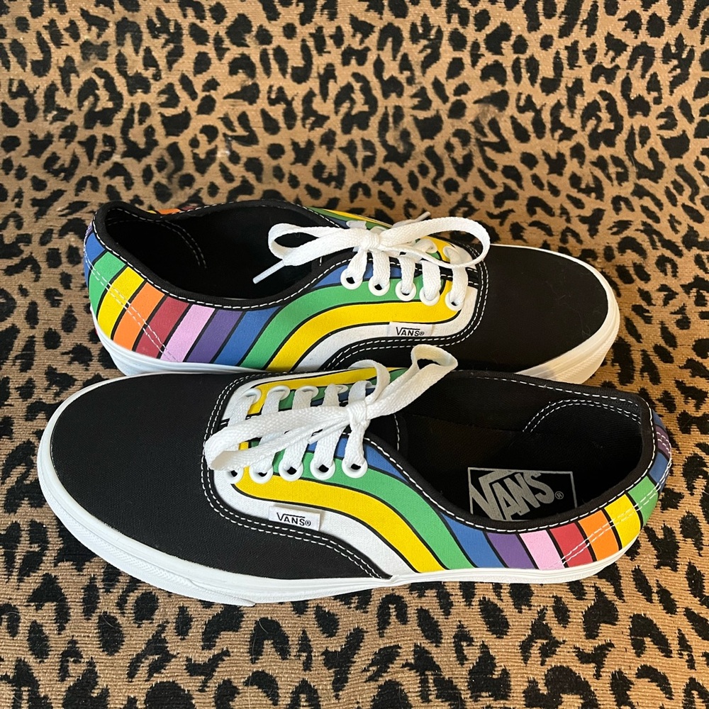 Rainbow striped black Vans Authentics. Limited edition. Women’s size 9.